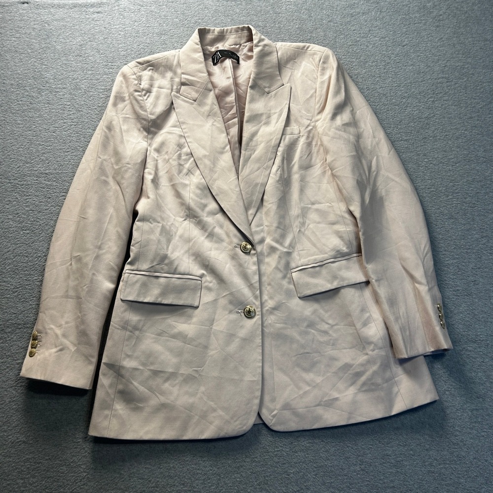 Zara Satin Blazer Womens Large Blush Pink Gold Crest Button Career Jacket Luxury